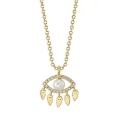 Deals 🤩 Moon & Meadow 14K Yellow Gold Cultured Pearl & Diamond Evil Eye Pendant Necklace, 16-18 - 100% Exclusive White/gold ❤️